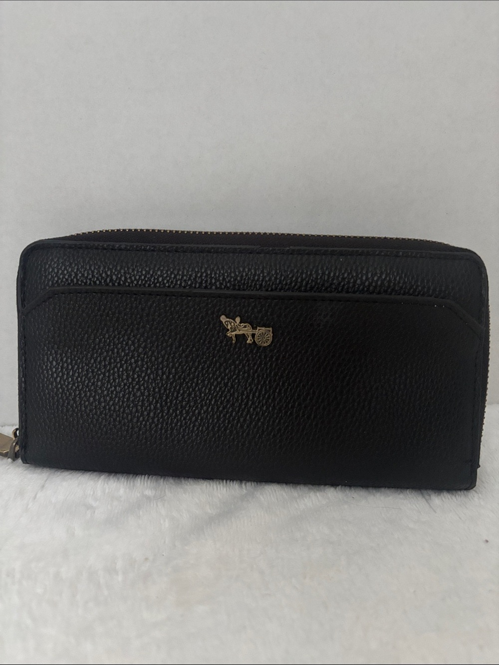 Leather Zip-Around Wallet with Gold Logo - Black